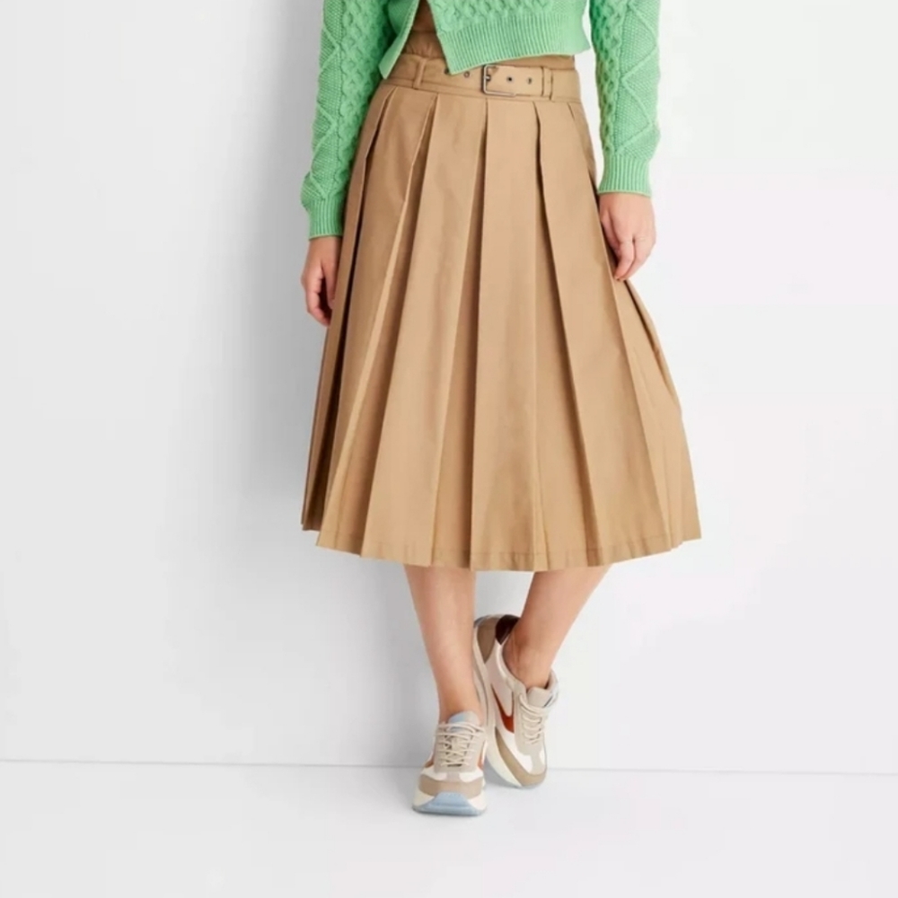 NWT Reese Blutstein Future Collective Belted Pleated Khaki Full Midi Skirt Sz 6